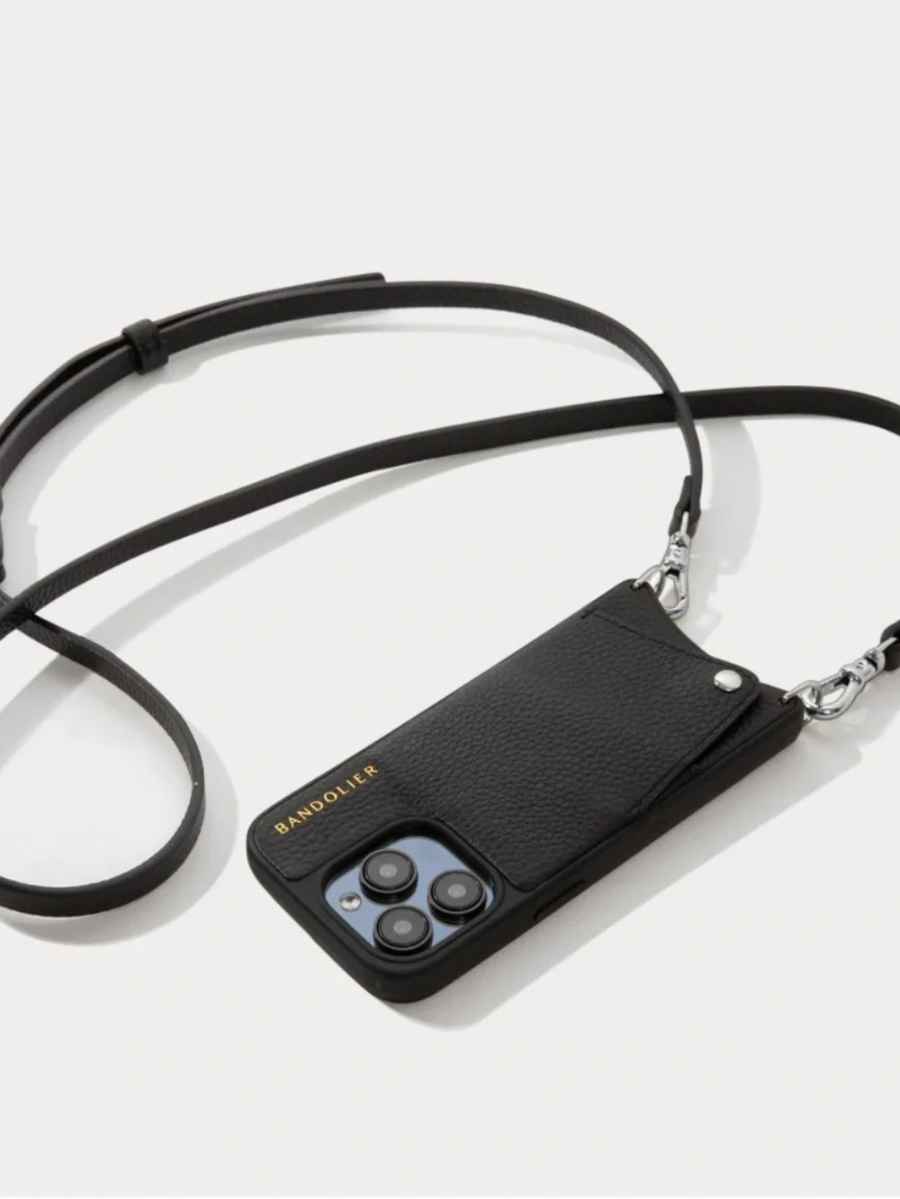 Bandolier Black Leather Crossbody Phone Case with Strap